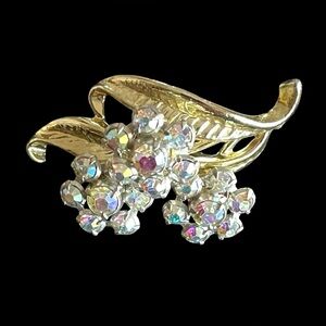 Vintage Goldtone Floral Brooch With AB Rhinestones